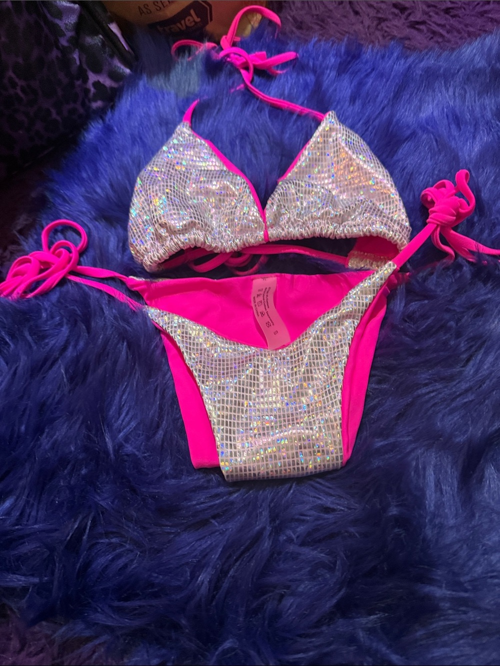 SHEIN Hot Pink with Silver Holographic layer Triangle Bikini SMALL